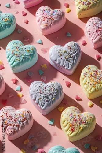 Assorted pastel colored heart macarons with festive sprinkles on a vibrant pink background