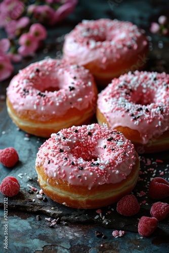 Tasty pink glazed donuts topped with white sprinkles presented on a textured dark background