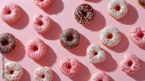 A delightful display of various decorated donuts positioned neatly on a pink background with a modern look