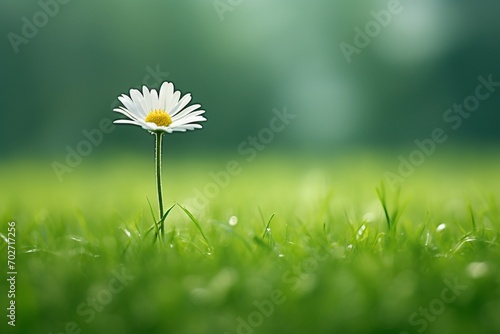 Soft focus on a solitary daisy standing tall in a sea of emerald green grass, radiating simplicity and elegance.