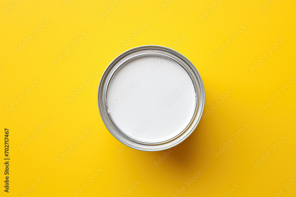 Metal paint can with white paint on yellow background Metal paint can with white paint on yellow background