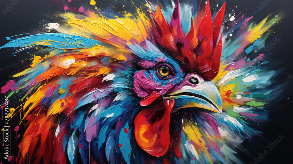 Colorful wooden painted Rooster like cartoon - obrazy, fototapety, plakaty 