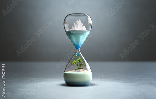 Global warming concept, Save the earth, Iceberg in the hourglass. 3D illustration