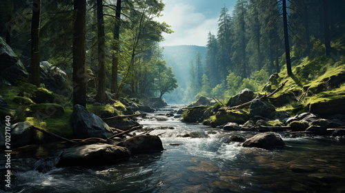 Rushing River in Lush Forest Setting  Exposing Rocky Riverbed and Natural Beauty