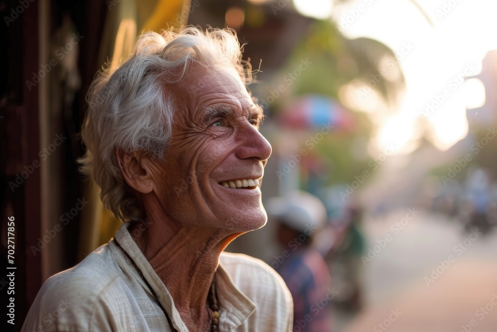 A joyful senior citizen basking in the warm sun on a busy street, radiating happiness with every wrinkle and wearing stylish outdoor clothing, looks up with a beaming smile on their face A joyful senior citizen basking in the warm sun on a busy street, radiating happiness with every wrinkle and wearing stylish outdoor clothing, looks up with a beaming smile on their face