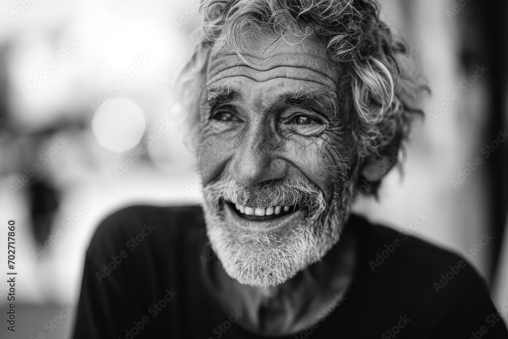 A weathered man stands proudly on a bustling street, his jaw set and wrinkles telling stories of a life well-lived, his monochrome portrait capturing the essence of his human face