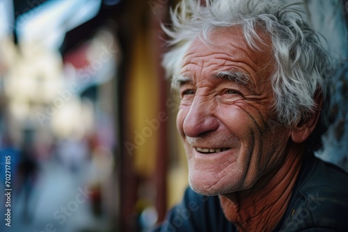 A joyful senior citizen radiates wisdom and happiness as he stands on the street, his white hair and wrinkles telling a story of a life well-lived