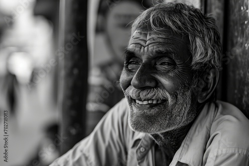 A rugged man with a contagious smile, his beard adding character to his street portrait as wrinkles reveal a life well-lived, exuding warmth and confidence in his monochrome clothing against the outd
