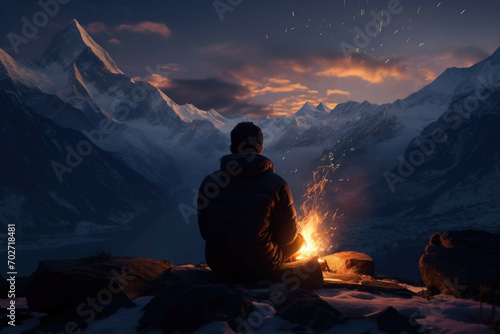 Group of people sitting around a campfire in the snow with a view of a snow-covered mountain range.