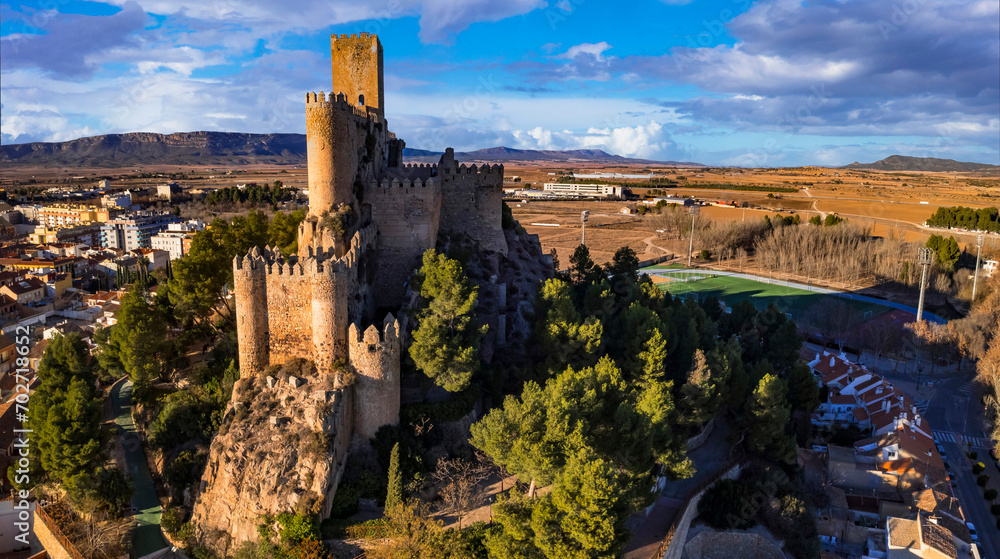 Most impressive medieval castles and towns  of Spain,  Castile-La Mancha provice - Almansa, panoramic high angle view - obrazy, fototapety, plakaty 