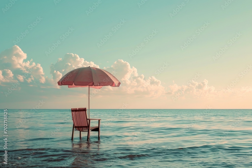 A solitary chair and umbrella stand tall in the sparkling ocean, providing shelter from the bright sun and offering a serene view of the endless sky and calming waves