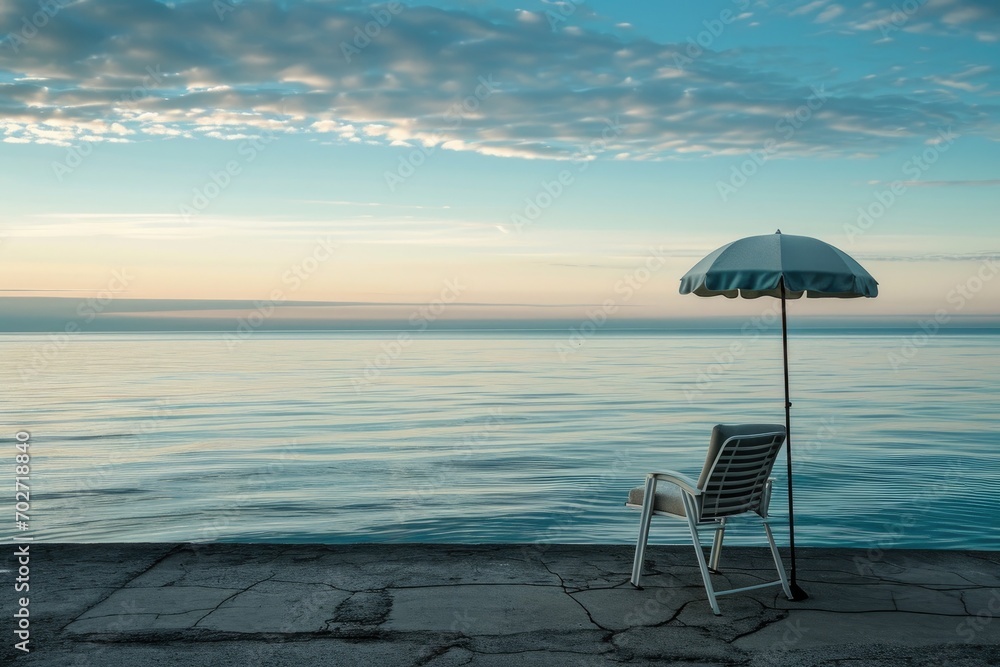 A solitary chair and umbrella stand against the vastness of the sky and sea, a symbol of peaceful contemplation amidst the ever-changing elements of nature