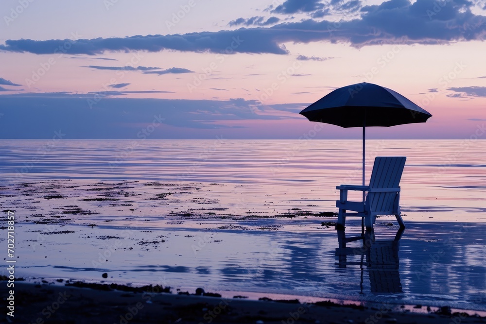 Against the backdrop of a stunning sunset sky, a solitary chair and umbrella stand on the beach, beckoning for someone to relax and bask in the beauty of the ocean and its tranquil surroundings