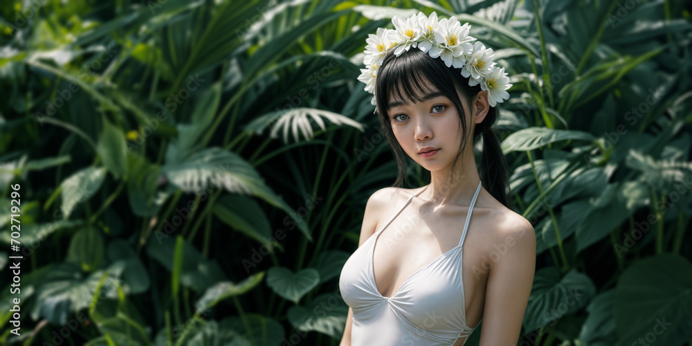 Young Asian woman with black hair bangs and a white flower headband standing in front of tropical island jungle vegetation, wearing a white bikini in contrast to the green leaves background. Young Asian woman with black hair bangs and a white flower headband standing in front of tropical island jungle vegetation, wearing a white bikini in contrast to the green leaves background.