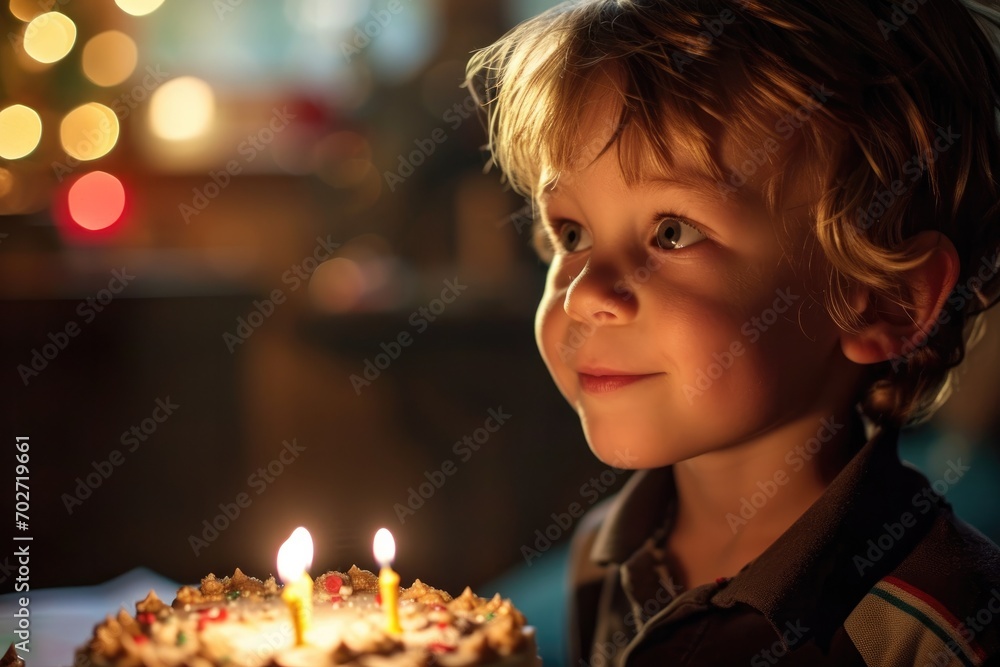 A curious child gazes in awe at a beautifully decorated birthday cake, illuminated by the soft glow of a single candle, while dressed in festive clothing and surrounded by the warm atmosphere of an i