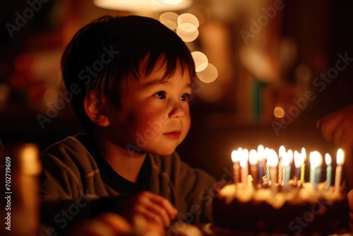A young boy's face lights up with joy as he blows out the flickering candles atop his delicious birthday cake, surrounded by the warmth and love of family and friends