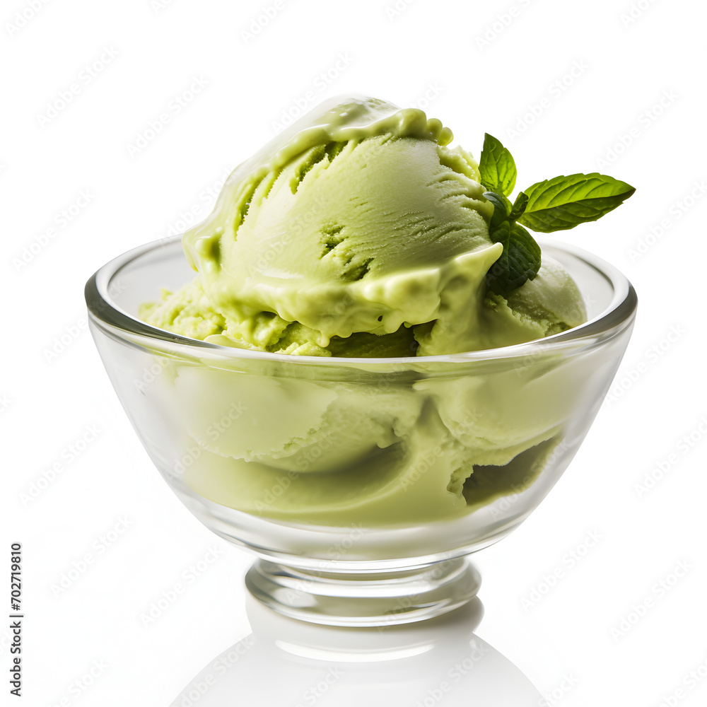 Matcha ice cream in a glass bowl isolated on a white background Matcha ice cream in a glass bowl isolated on a white background
