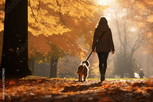 Woman walking dog in autumn park photo