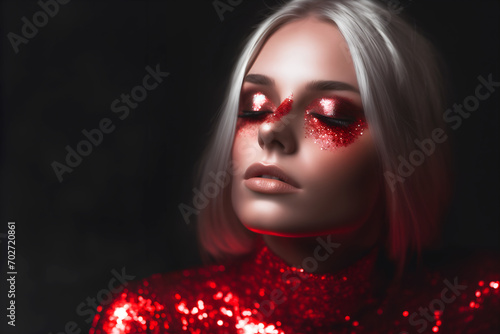 Fashion editorial Concept. Stunning beautiful woman high fashion striking red glitter shimmer sparkle. illuminated with dynamic composition and dramatic lighting. copy text space