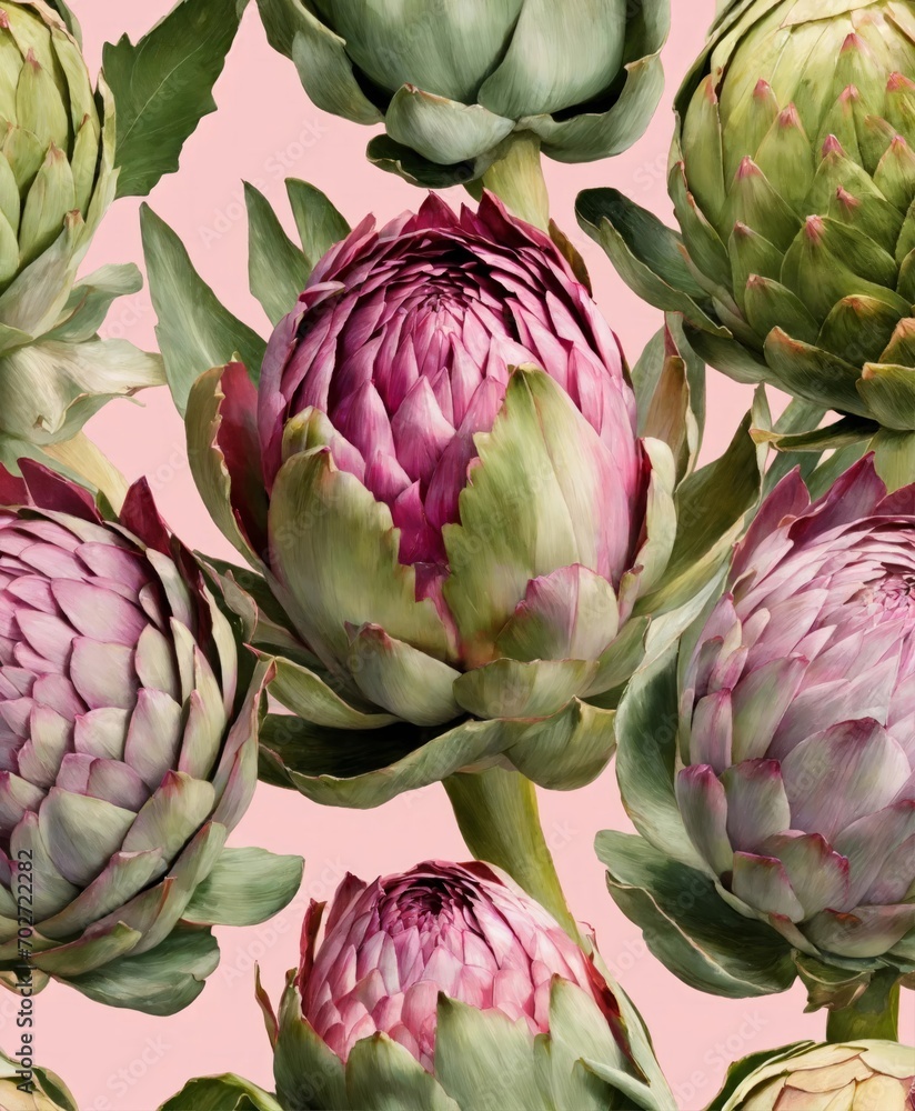Fototapeta premium Green and pink colorful artichokes texture on a pink background. Plants flat lay. Top view gardening, horticulture theme. Wide screen wallpaper. Panoramic web banner with copy space for design.
