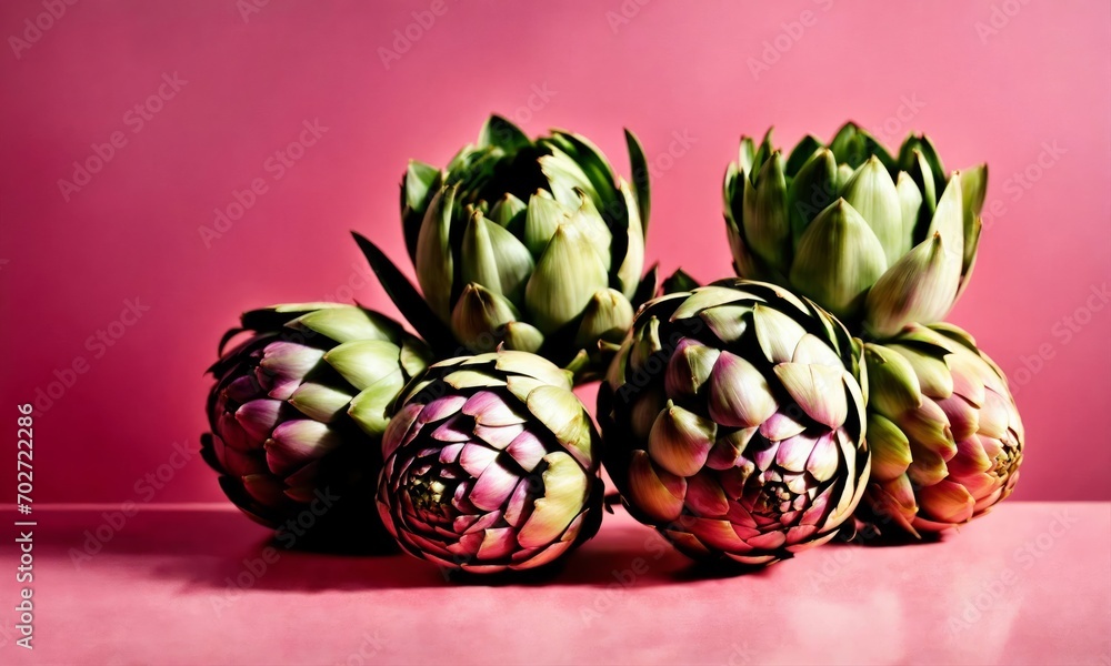 Obraz premium Green and pink colorful artichokes texture on a pink background. Plants flat lay. Top view gardening, horticulture theme. Wide screen wallpaper. Panoramic web banner with copy space for design.