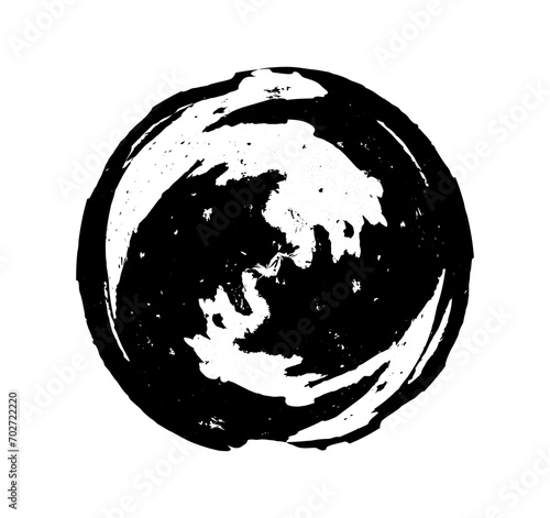 a black and white drawing of a circular shape vector brush stroke, earth globe on black