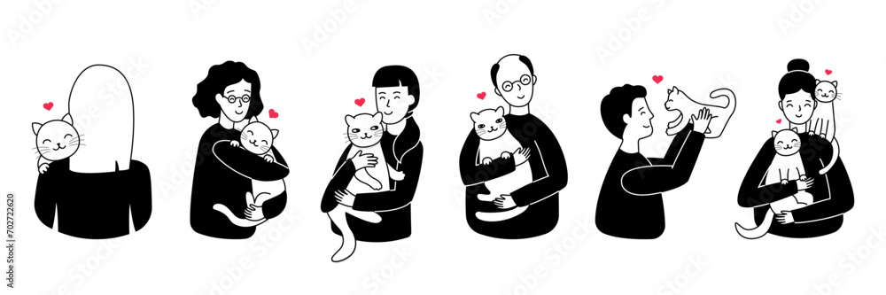People and cats set. Cartoon happy hug pets, smiling persons with hearts, children with animals collection isolated on transparent People and cats set. Cartoon happy hug pets, smiling persons with hearts, children with animals collection isolated on transparent