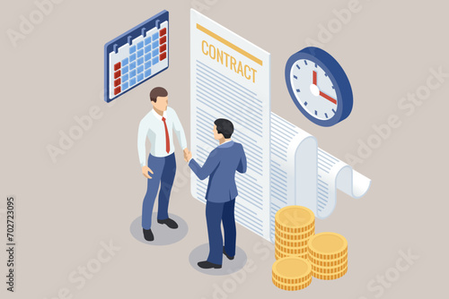 Business people negotiating a contract. Human hands working with documents at desk and signing contract.