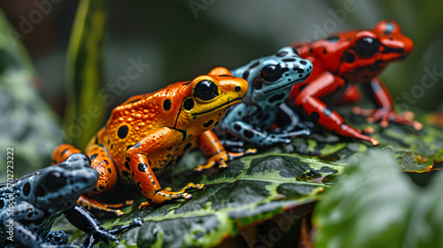 An up-close view of brilliantly colored poison dart frogs perched on tropical leaves, illustrating the diversity and vibrant hues of jungle-dwelling amphibians.