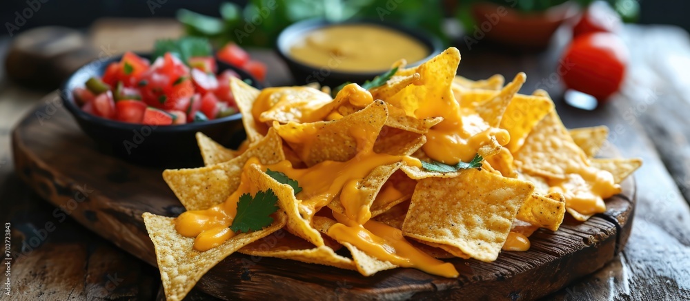 Delicious tortilla chips with cheese sauce. Delicious tortilla chips with cheese sauce.