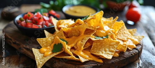 Delicious tortilla chips with cheese sauce. photo