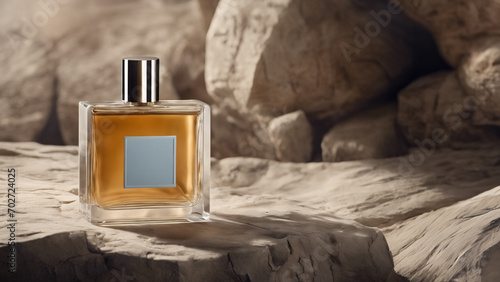 Eleganza Naturale- Presentazione Raffinata del Profumo in Bottiglia Trasparente su Sfondo di Pietra III