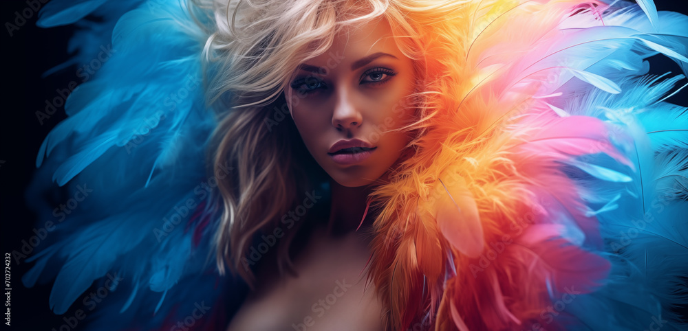 Sinnliches Portrait einer blonden Frau mit Federn. Neon bunt beleuchtet. Illustration Sinnliches Portrait einer blonden Frau mit Federn. Neon bunt beleuchtet. Illustration