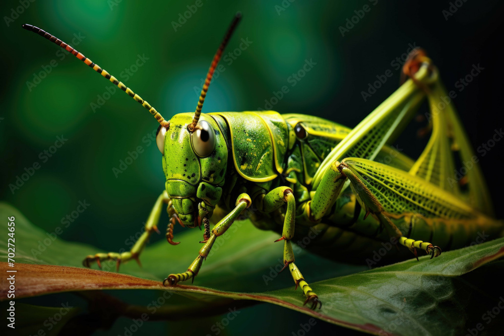 Fototapeta premium Close-up of a grasshopper resting on a textured leaf.