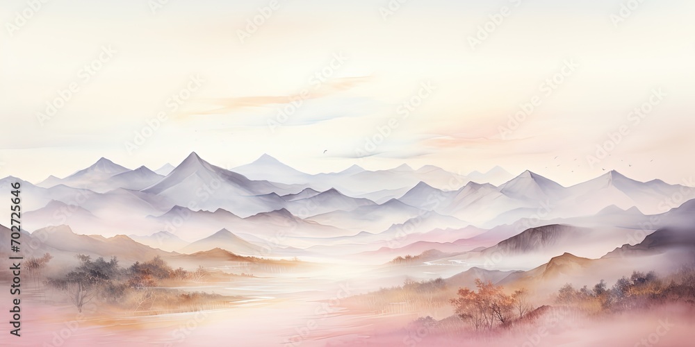 Soft pastel color watercolor abstract brush painting art of beautiful mountains, mountain peak minimalism landscape with golden lines, panorama banner illustration, white background - obrazy, fototapety, plakaty 