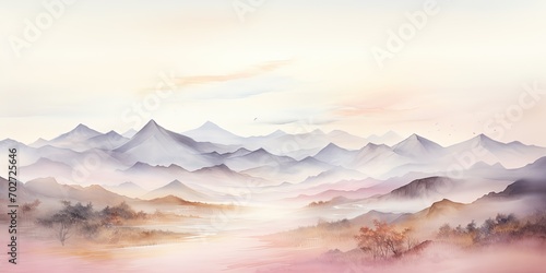 Soft pastel color watercolor abstract brush painting art of beautiful mountains, mountain peak minimalism landscape with golden lines, panorama banner illustration, white background © Sasha