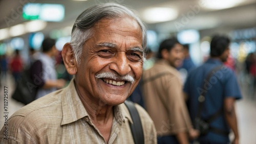 A cheerful elderly South Asian man with a mustache smiling in a busy airport.
