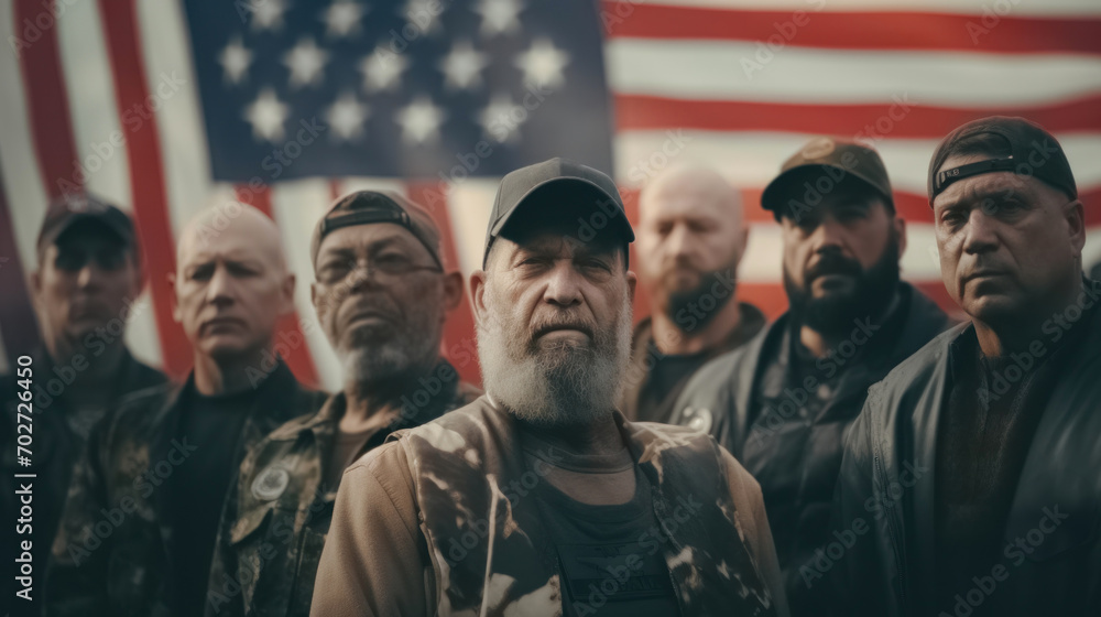 Group of Veterans with American Flag Background - obrazy, fototapety, plakaty 