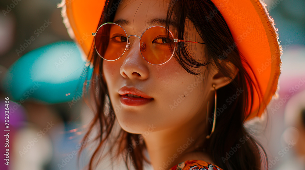 beautiful korean woman with orange glasses and orange hat, smile. vacations concept beautiful korean woman with orange glasses and orange hat, smile. vacations concept