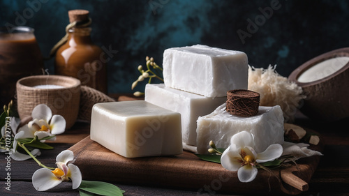 Spa still life with coconut oil and natural handmade soap on wooden background.