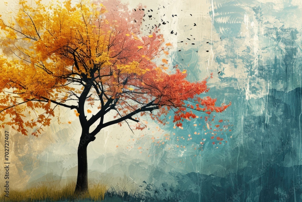 A misty autumn morning paints a stunning landscape of a vibrant deciduous tree with orange leaves, while birds soar through the fog, bringing the serene beauty of nature to life in this outdoor paint