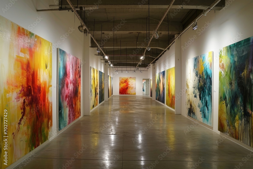 A vibrant indoor gallery filled with a stunning exhibition of modern art, showcasing a variety of visually captivating paintings lining the walls and reaching up to the high ceiling