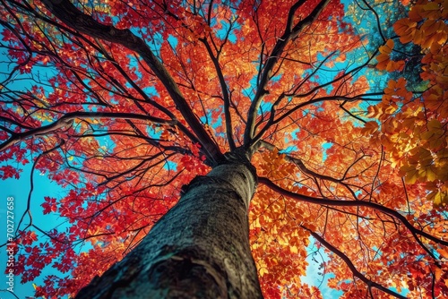 The fiery maple tree stands tall, its branches reaching towards the sky, a symbol of the changing season as its orange leaves dance in the crisp autumn air