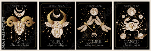 Vector set of the 4 first zodiac signs. Gold on a black background. Aries, Taurus, Gemini, Cancer