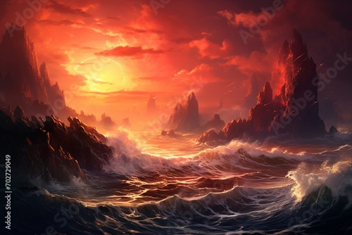 Rocky cliffs along the coastline, with waves crashing below as the sun sets in a fiery display.