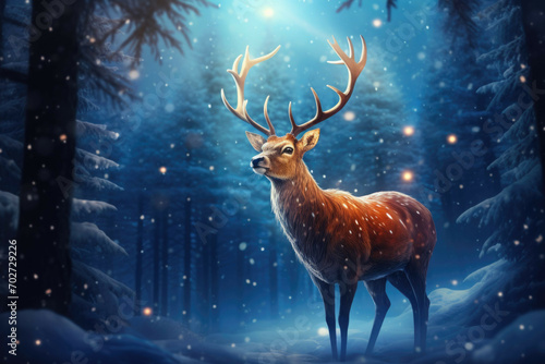 Majestic reindeer with a glowing red nose in a snowy forest