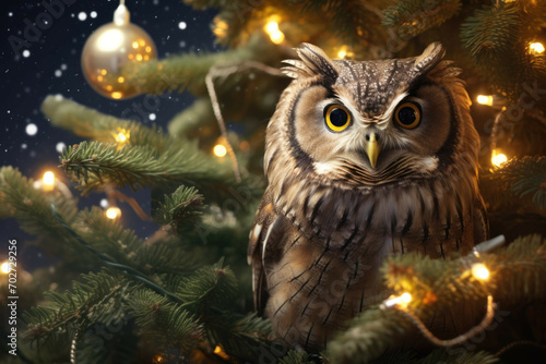 Wise owl perched on a branch of a Christmas tree © Michael Böhm