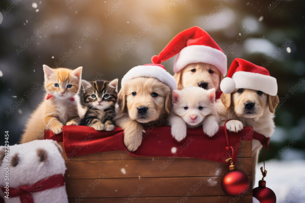Group of kittens and puppies in a sleigh filled with presents Group of kittens and puppies in a sleigh filled with presents
