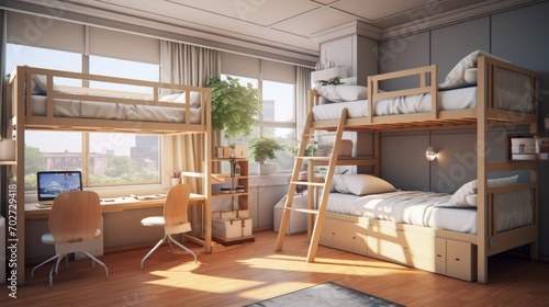 four-person student dorm room, bunk bed, neat and clean, minimalist styling, realistic and hyper-detailed rendering style