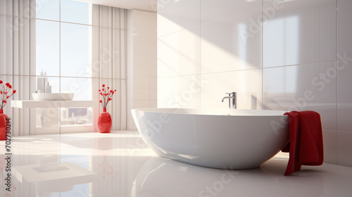 An all-white bathroom with a beautiful bathtub in a clean environment with a refined touch. Generative AI